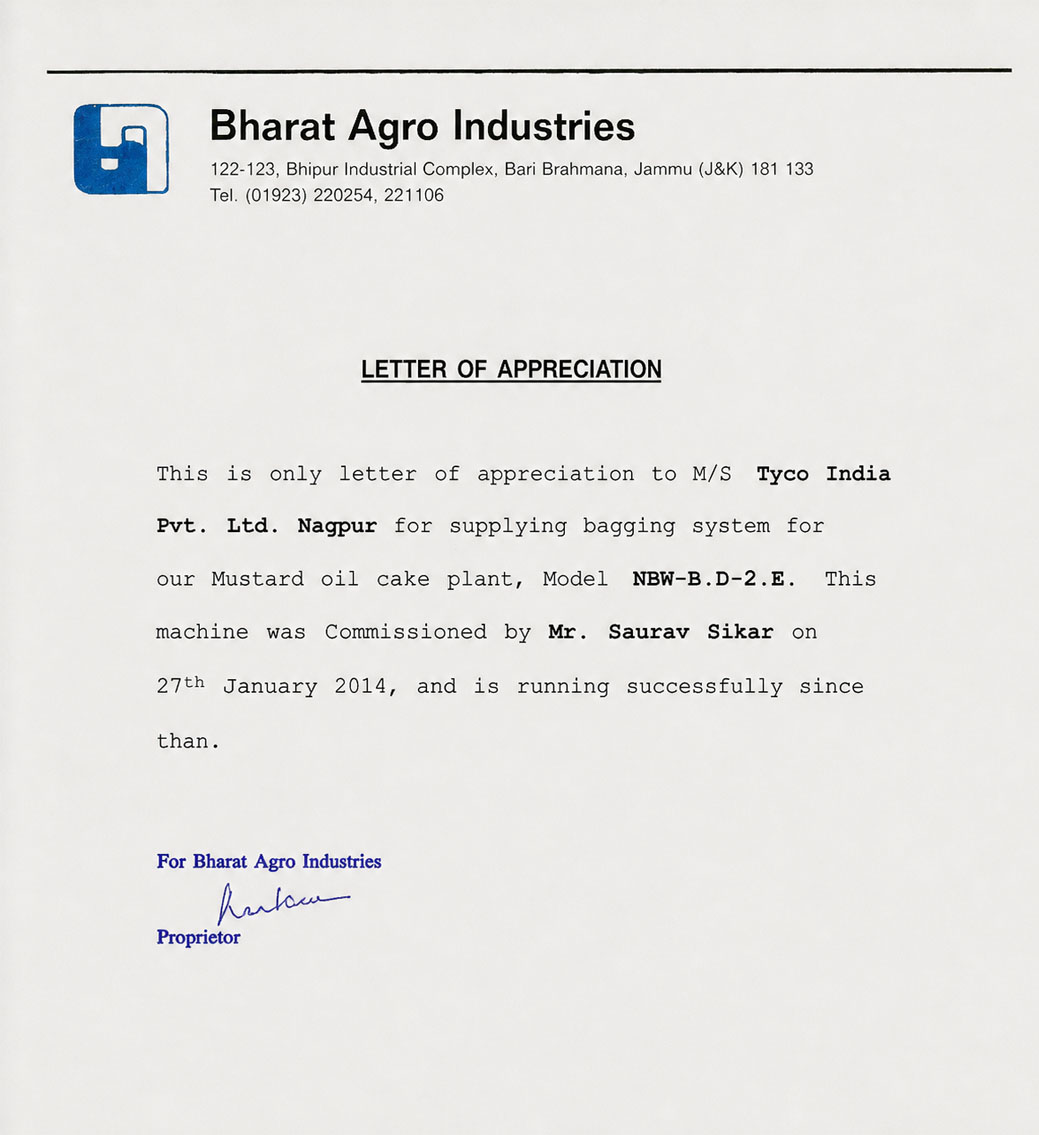 Bharat Agro Certificate
