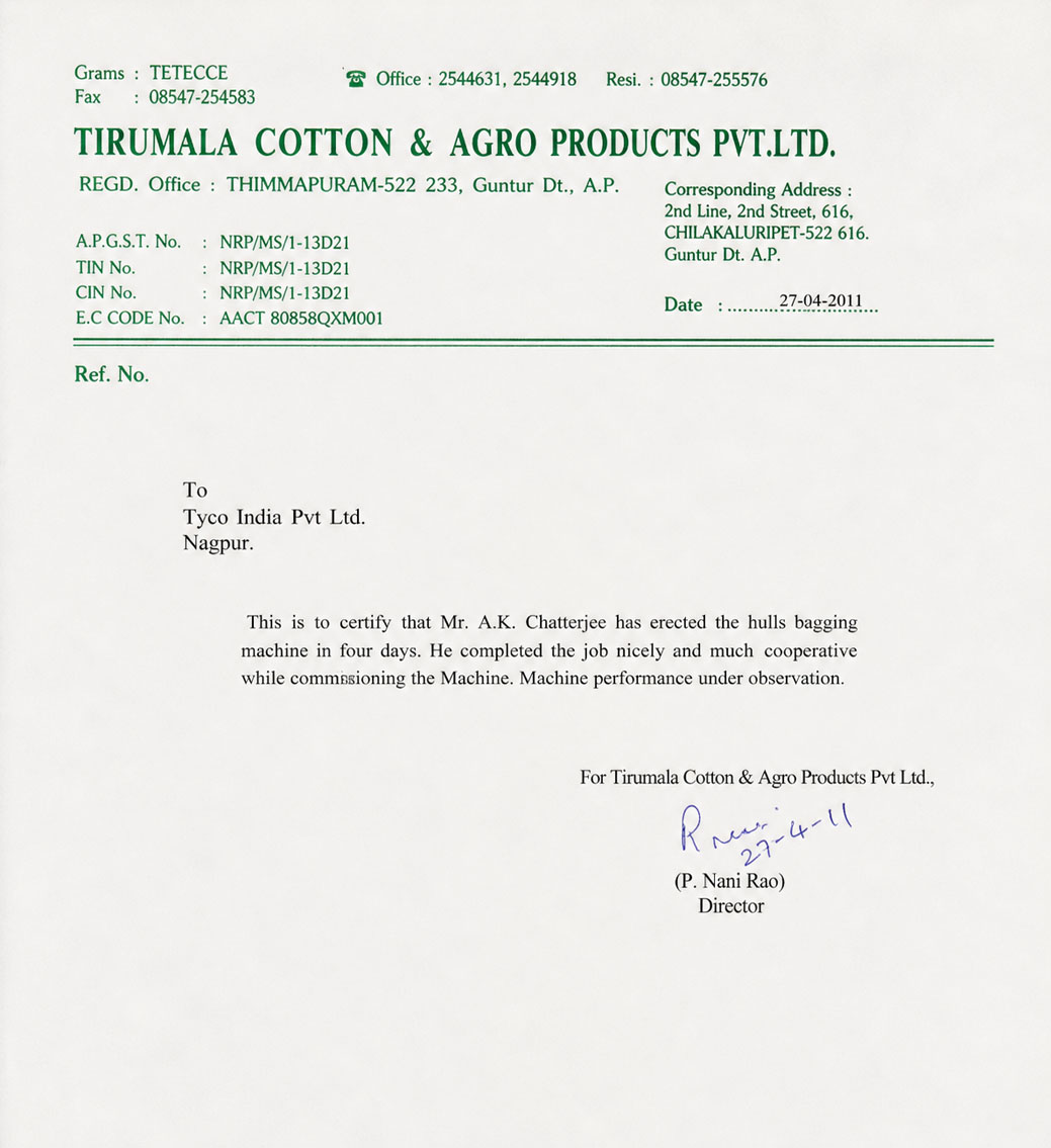 Tirumala Cottons Certificate